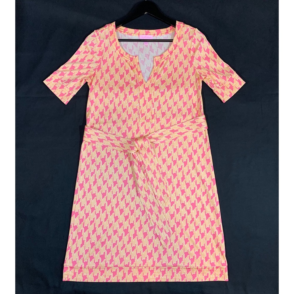 Lilly Pulitzer Dress Womens 2 Pink Orange Houndstooth Belted V-Neck Coastal